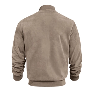 Back view of sand brown faux suede bomber jacket showing ribbed collar and hem detail