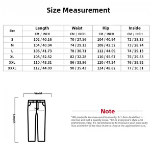 Tableau des tailles détaillé pour pantalons cargo homme avec mesures de taille et hanches