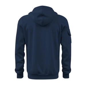 Rear view of navy blue hoodie featuring a tactical sleeve pocket and ribbed hem finishes