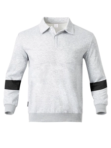 Detail of grey polo sweatshirt collar and contrasting black stripes on the sleeves