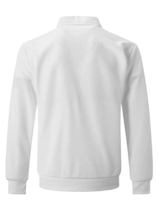 Rear view of white waffle knit zip jacket showing detailed texture and ribbed hem