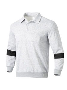 Detailed macro view of the ribbed cuffs and gray fabric texture on this men's long sleeve polo