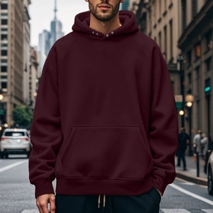 Men's heavyweight burgundy hoodie with metal snap neck and kangaroo pocket design