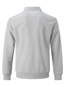 Rear view of a light gray men's waffle knit zip-up jacket with ribbed cuffs and polo collar