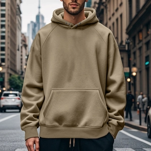 Oversized ανδρικό φούτερ με κουκούλα σε χακί χρώμα από βαρύ βαμβάκι με κουμπιά