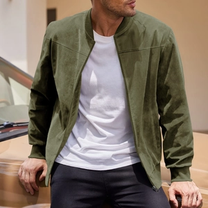 Olive green faux suede bomber jacket with ribbed collar and metal zipper detail