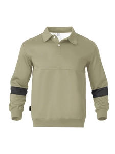 Detail view of olive green polo shirt featuring ribbed cuffs and striped trim details