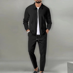Men's casual black waffle knit zipper jacket and jogger pants two-piece track suit set