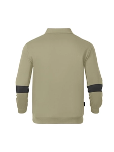 Detail showing the back of a khaki green long sleeve polo with black sleeve stripes