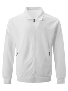 Close-up of white waffle texture fabric on men lapel jacket with zipper pockets