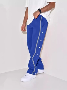 Men Side Snap Button Track Pants Cotton Blend Side Stripe Straight Leg Casual Sporty Pants For Men Retro Fitness Trousers