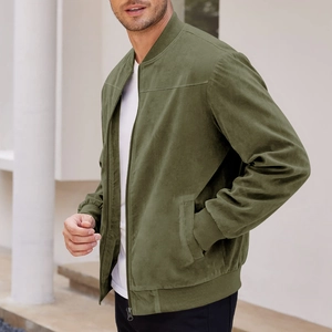 Detailed close-up of olive green faux suede bomber jacket with ribbed cuffs and metal zipper