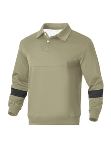 Detail of long sleeve polo shirt showing flat collar, buttons and striped cuffs texture