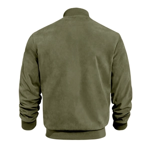 Detailed back view of a men's olive green suede bomber jacket with ribbed knit trims