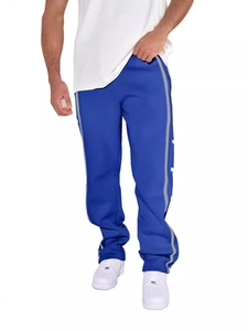 Men's retro royal blue straight leg casual pants with side button details and grey stripes