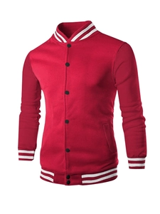 Deep red varsity jacket with white stripes and snap buttons on a white background