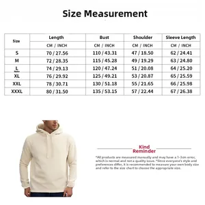 Detailed size chart for men fleece hoodie including length, bust, shoulder, and sleeves