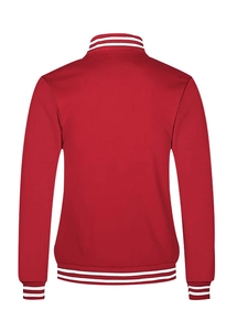 Back view of a classic red men's fleece baseball jacket with striped ribbed cuffs and collar