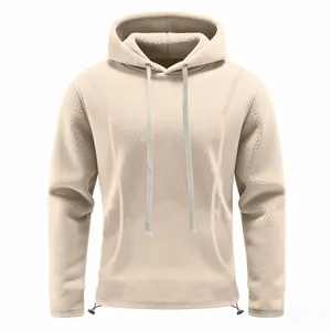Close-up of polar fleece texture on beige hoodie with adjustable drawstring hem detail