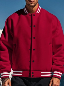 Mens red fleece varsity jacket with white striped ribbing in a casual loose fit