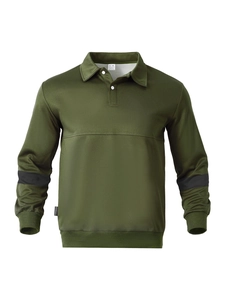Detail of dark green Polo shirt featuring collar buttons and contrasting black sleeve stripes