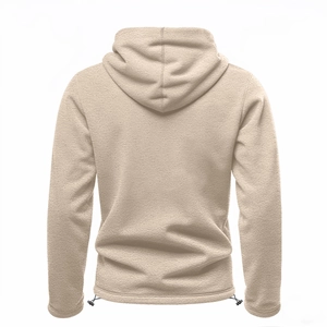 Detail view of the warm fleece hoodie back with adjustable drawstring hem toggles