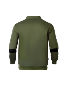 Detail view of olive green polo shirt featuring black contrast stripes on sleeves