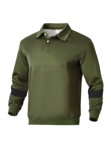 Detail view of olive green polo shirt with black stripes and three-button collar