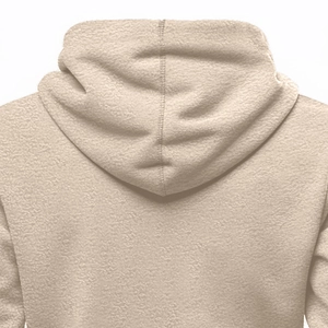 Detailed close-up of beige fleece hoodie showing warm textured fabric and neck stitching