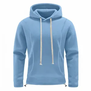 Light blue fleece hoodie for men with adjustable drawstring hood and elasticated hem