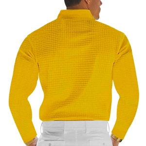 Rückansicht gelbes Langarm-Poloshirt mit Waffelstruktur und modischem Umlegekragen
