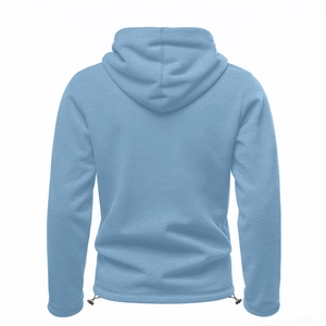 Close-up back view of light blue fleece hoodie showing texture and adjustable drawstrings