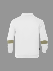 Detail of white cotton polo shirt back with olive green stripes and woven label