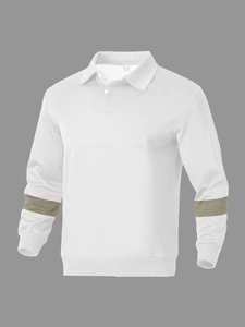 Detail view of polo sweatshirt showing ribbed cuffs and contrast striped sleeves