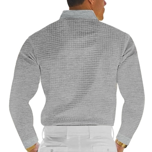 Rear view of a men's gray waffle texture long sleeve polo shirt with ribbed cuffs