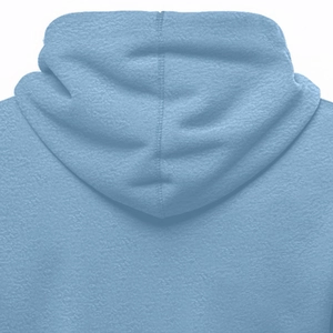 Detail of light blue fleece hoodie showing thick polyester fabric and hood structure