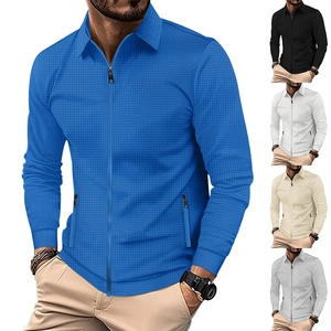 Men Waffle Texture Polyester Lapel Jacket High Street Casual Zip Up Long Sleeve Outerwear Solid Color Fall Fashion Top