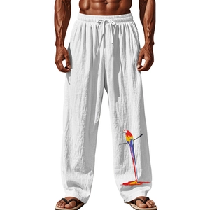 Détail du pantalon en lin blanc pour homme avec cordon de serrage et imprimé perroquet