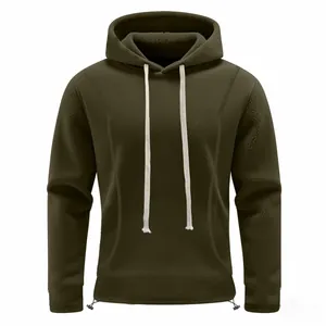 Detail of olive green polar fleece hoodie showing texture and adjustable hem drawstring