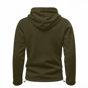 Detail view of the back of a green fleece hoodie with adjustable drawstring hem