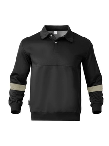 Detail view of M size tag and ribbed cuffs on black long sleeve retro polo shirt