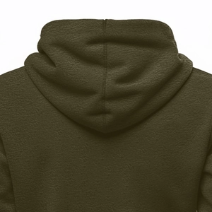 Detail of the high-quality stitching and thick fleece texture on an olive green hoodie