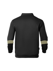 Back view of heavy cotton long sleeve polo shirt featuring khaki contrast sleeve panels