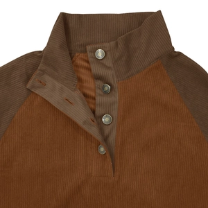 Detailed close-up of corduroy texture and metal buttons on color-block men sweatshirt