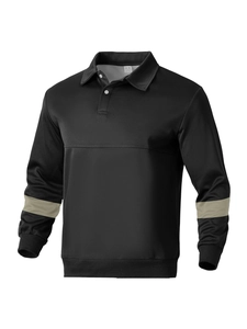 Detail of male polo shirt neckline with two white buttons and polyester fabric texture