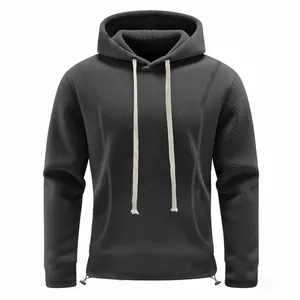 Close-up of high-density gray fleece hoodie texture with white drawstring and elastic hem