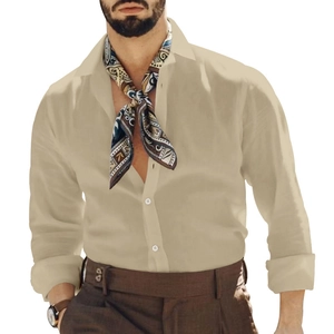 Camicia casual da uomo in lino beige con colletto classico e bottoni bianchi per l'estate