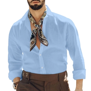 Camicia casual da uomo in cotone e lino azzurro a maniche lunghe con colletto e sciarpa