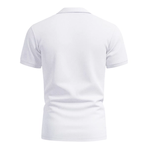 Rear view of white men's polo shirt showing honeycomb breathable mesh texture