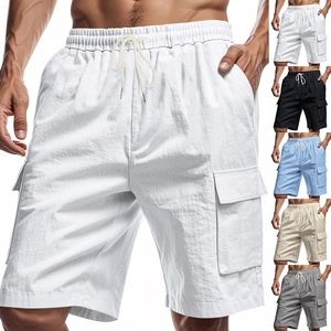 Detail view of cotton linen cargo shorts with elastic drawstring waist and side pockets